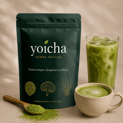 Yoicha Gomba Matcha termékcsomag jeges és meleg matcha itallal, fa kanálban matcha porral