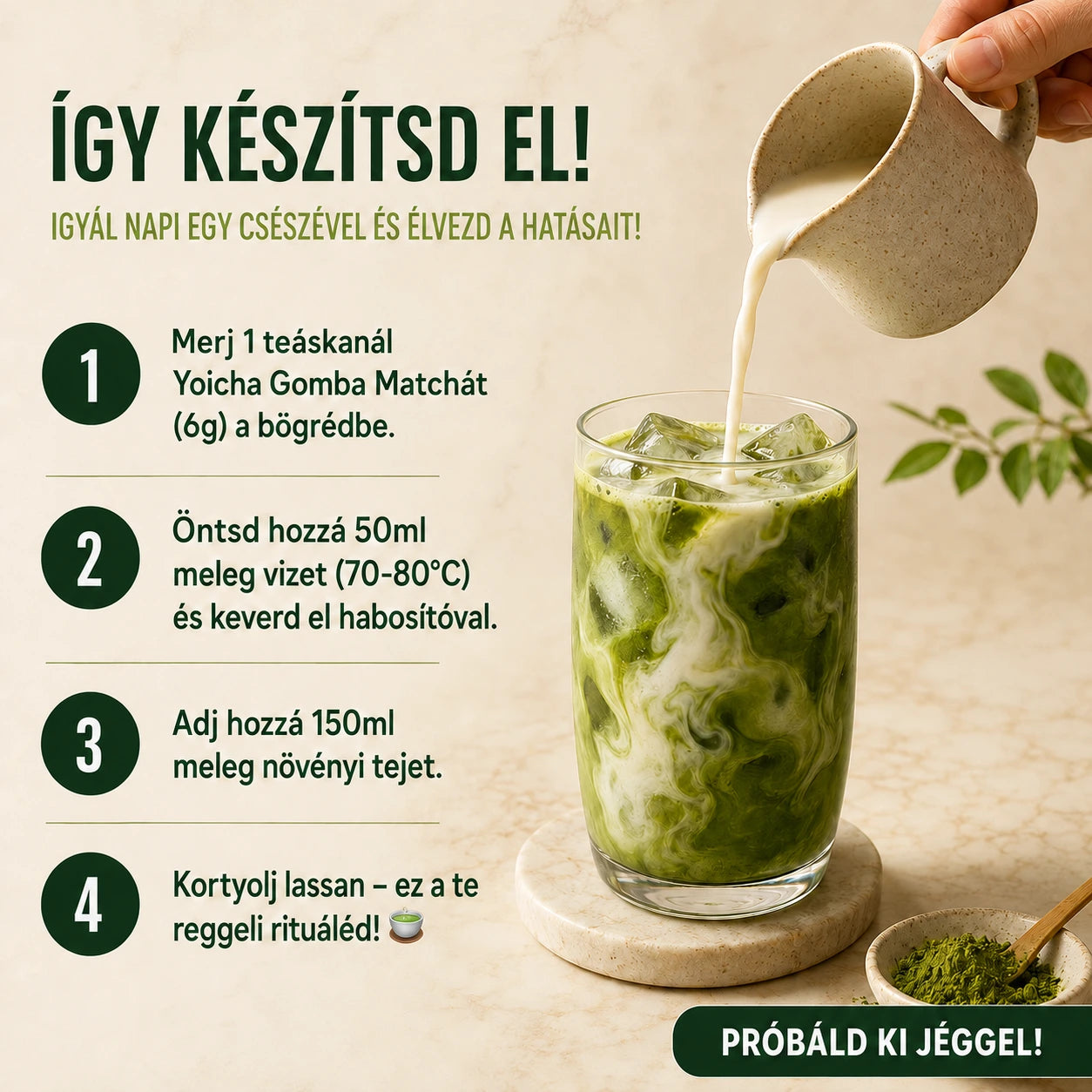 Yoicha gomba matcha elkészítése 4 lépésben: adagolás, meleg vízzel keverés, tej hozzáadása, kortyolás