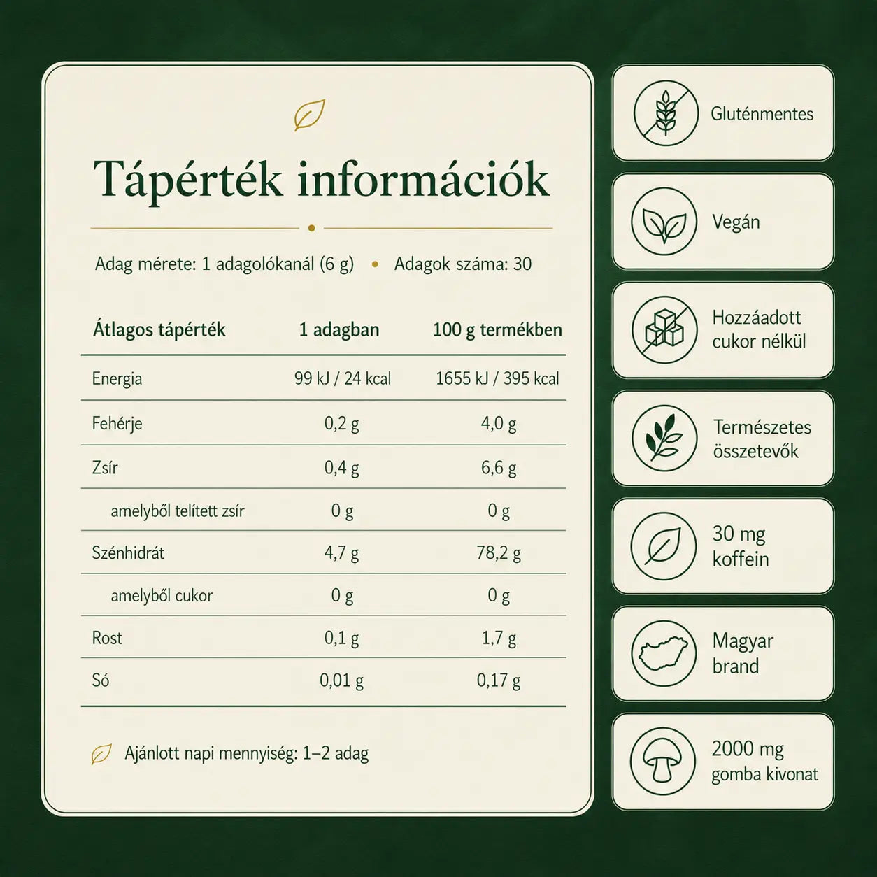 Yoicha gomba matcha tápérték táblázata adagonként és 100 grammonként, gluténmentes és vegán jelöléssel