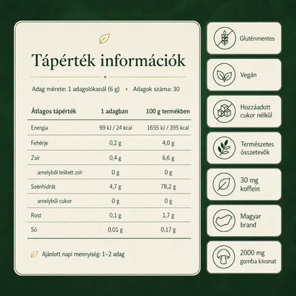Yoicha gomba matcha tápérték táblázata adagonként és 100 grammonként, gluténmentes és vegán jelöléssel